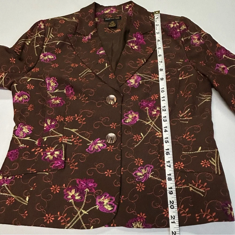 Womens Matching Blazer Skirt Set Petite Size 10P Silk‎ Linen Embroidered Floral